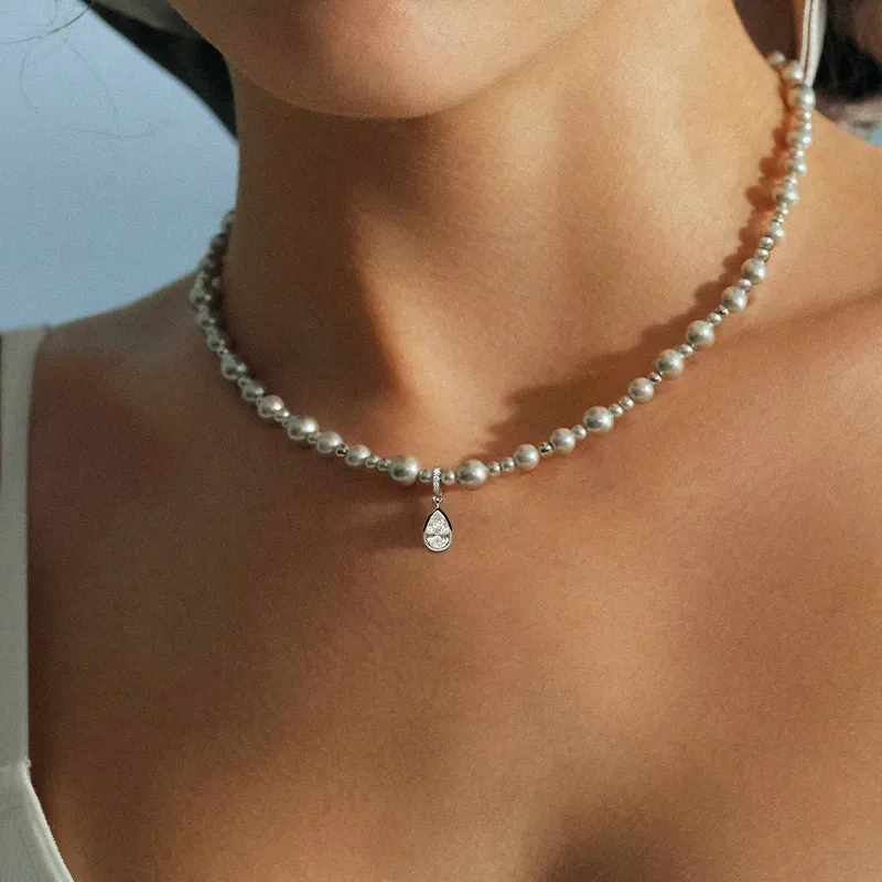 HEFANG Candy Series 925 Sterling Silver Bubble Water Drop Necklace Women's-3