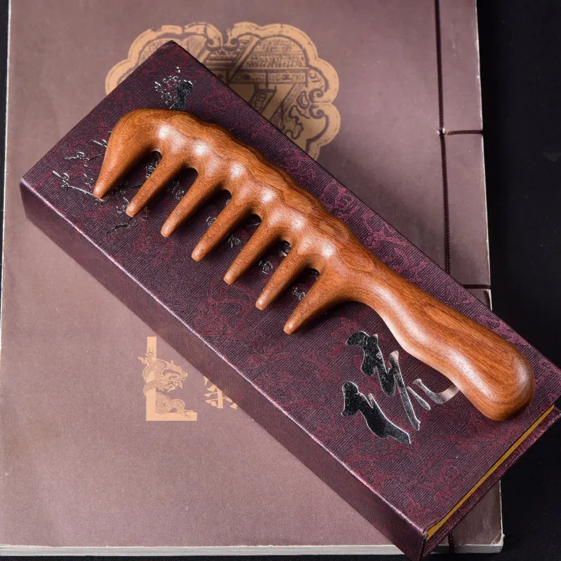 SHITIAN Large Handle Head Therapy Comb Natural Golden Sandalwood Massage Comb Head Meridian Massage-2
