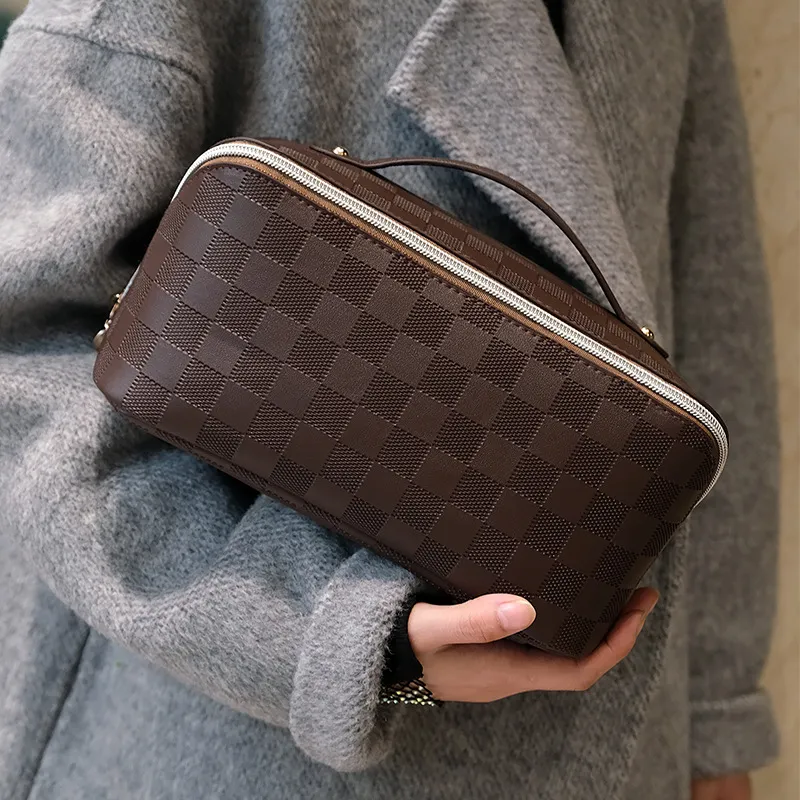 LETOO PU Makeup Bag Women's Checkerboard Brown-3