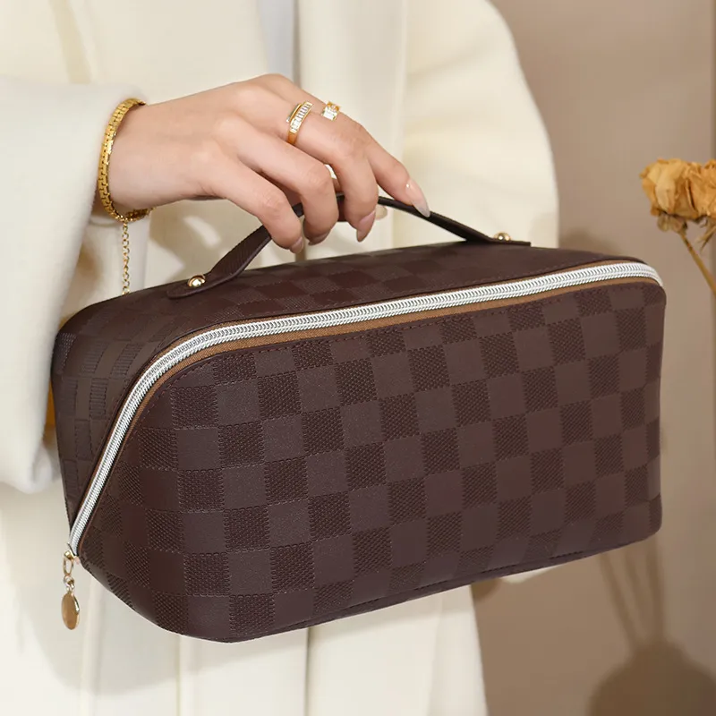 LETOO PU Makeup Bag Women's Checkerboard Brown-1