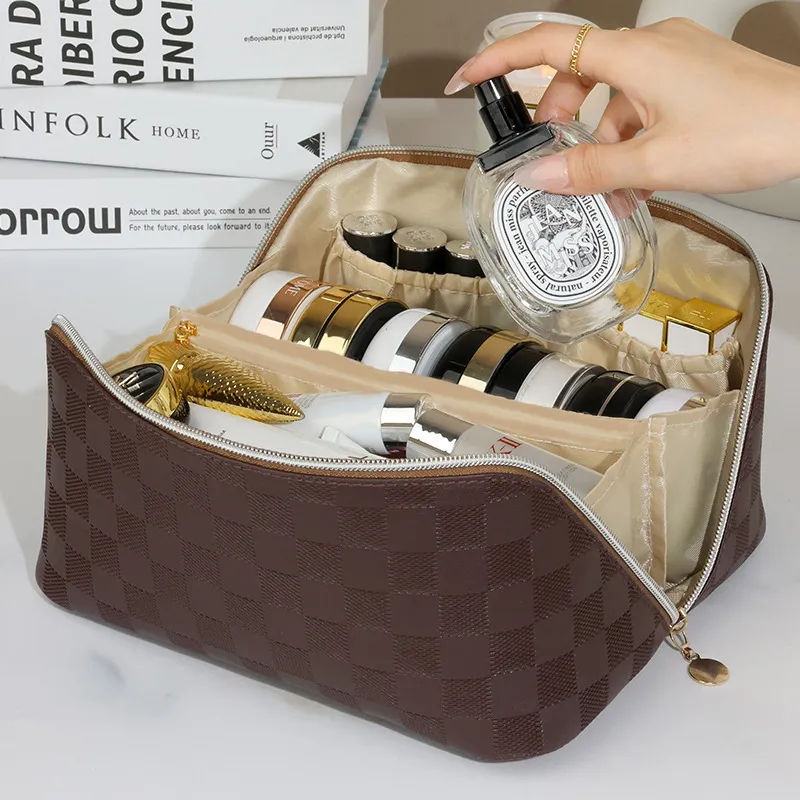 LETOO PU Makeup Bag Women's Checkerboard Brown-2