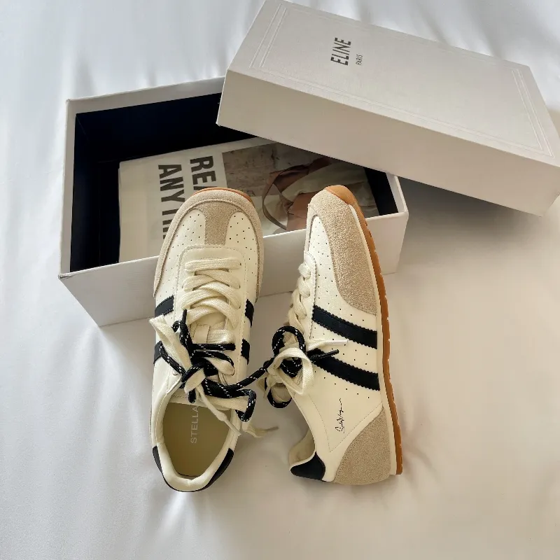 STELLA WEISZ Anti-Slip Wear-Resistant Low-Top Skateboard Shoes Women's Beige Black-1