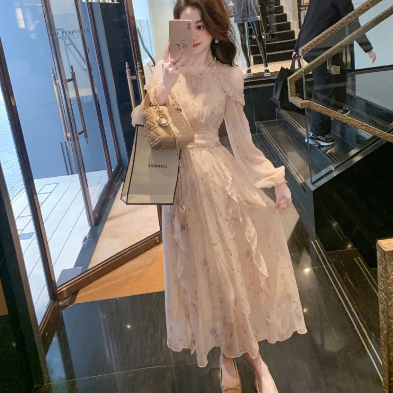 Fish Rabbits Long Sleeved Dress Women's Floral Pink-4