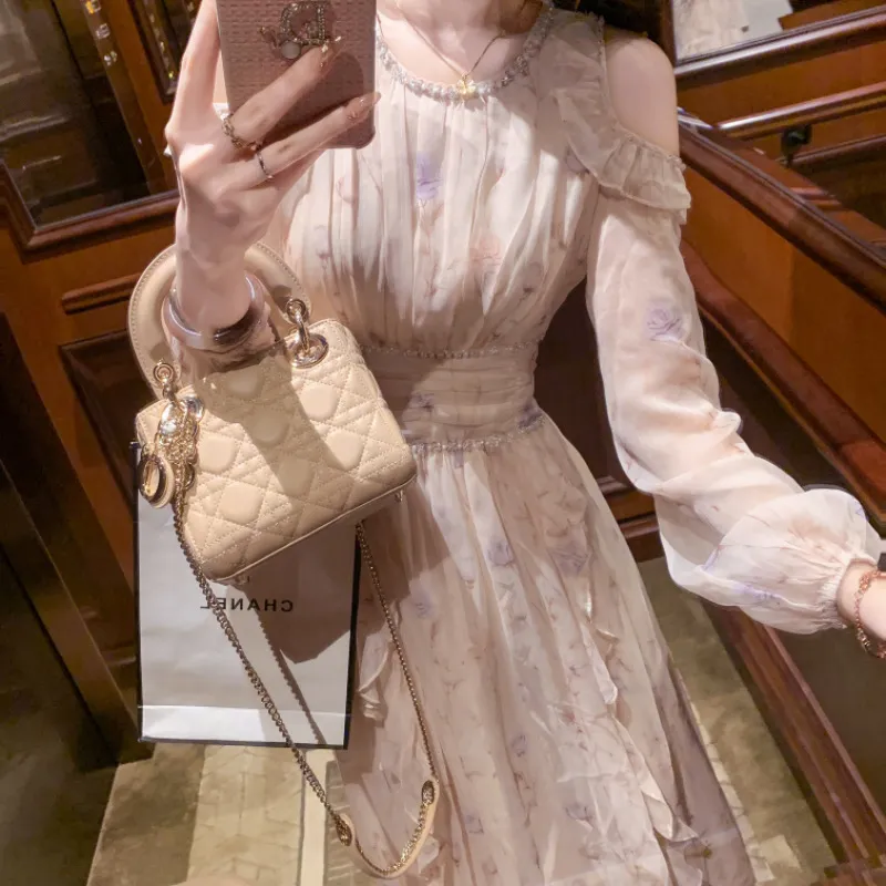 Fish Rabbits Long Sleeved Dress Women's Floral Pink-2