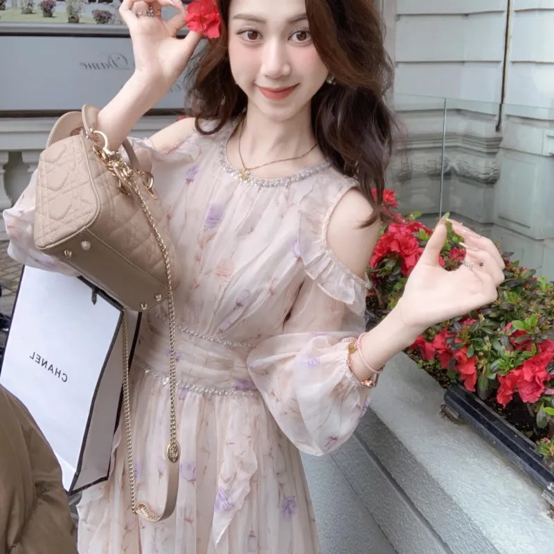 Fish Rabbits Long Sleeved Dress Women's Floral Pink-3