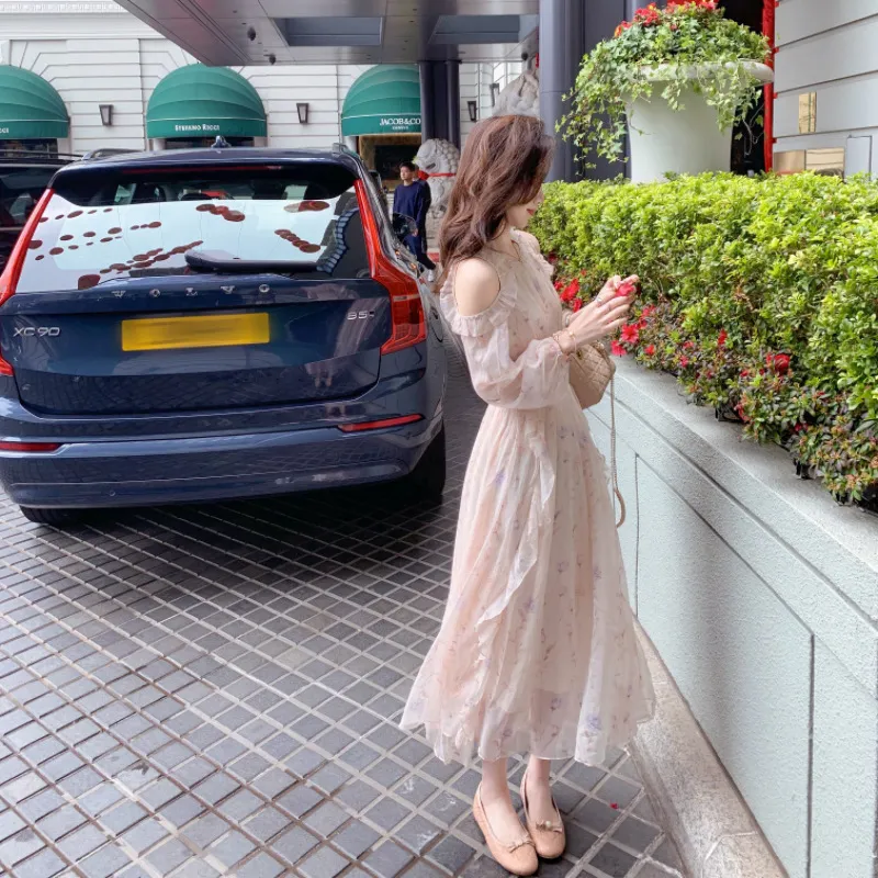 Fish Rabbits Long Sleeved Dress Women's Floral Pink-5
