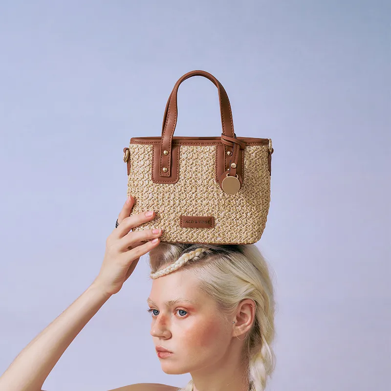 JACD Straw Woven With PU French Tote Bag Regular Women's Straw Woven Brown-3