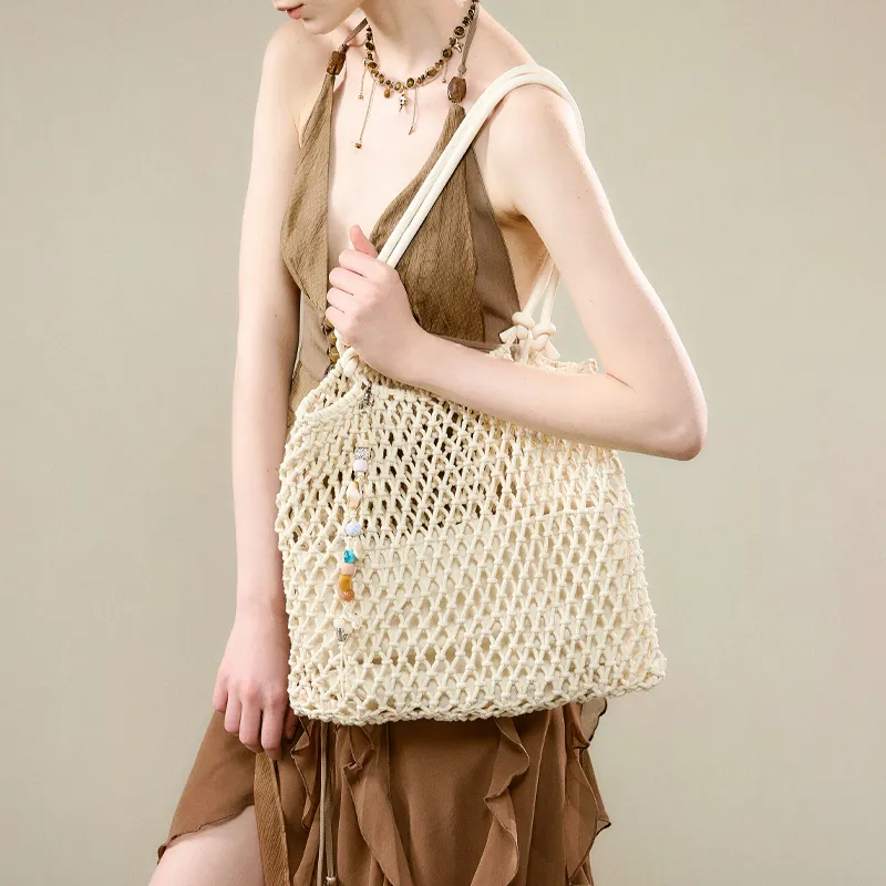 JACD Cotton Linen Blend/PU Artificial Leather Shoulder Bag Regular Women's White-4