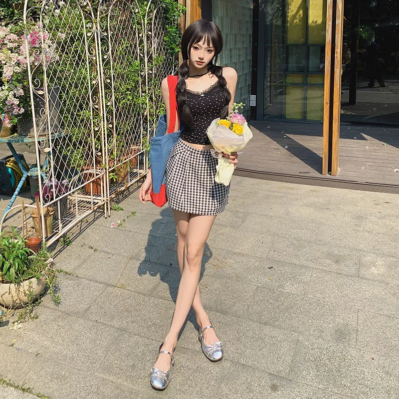 Jenna Chun Casual Short Skirts Women's Black White Plaid-1