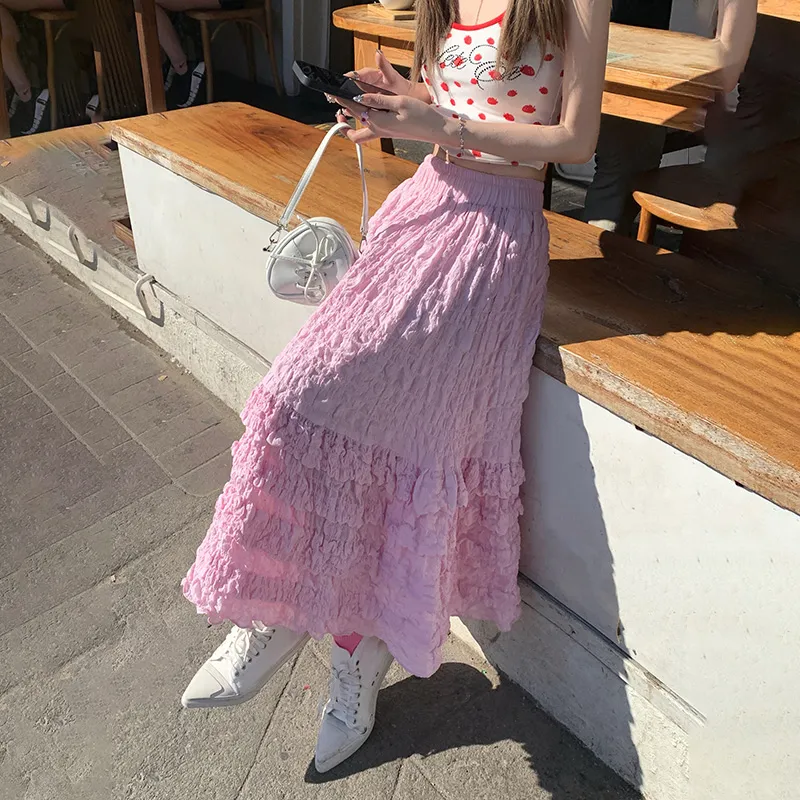 Jenna Chun Casual Long Skirts Women's Pink-1