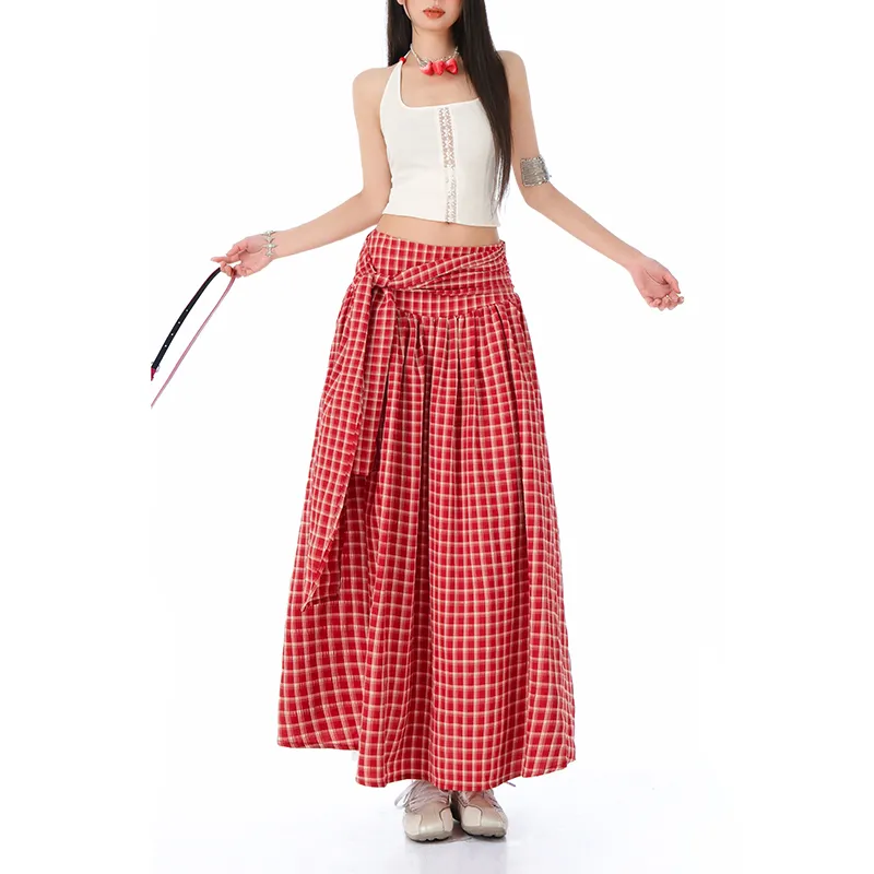 Jenna Chun Casual Long Skirt Women's Red Plaid-3