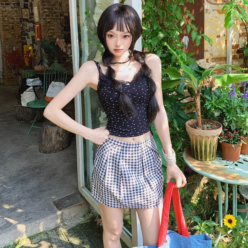 Jenna Chun Casual Short Skirts Women's Black White Plaid-3