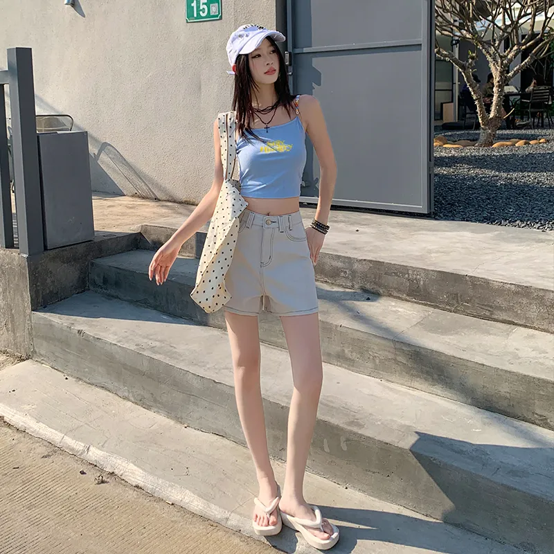 Jenna Chun Denim Shorts Women's Gray White-1