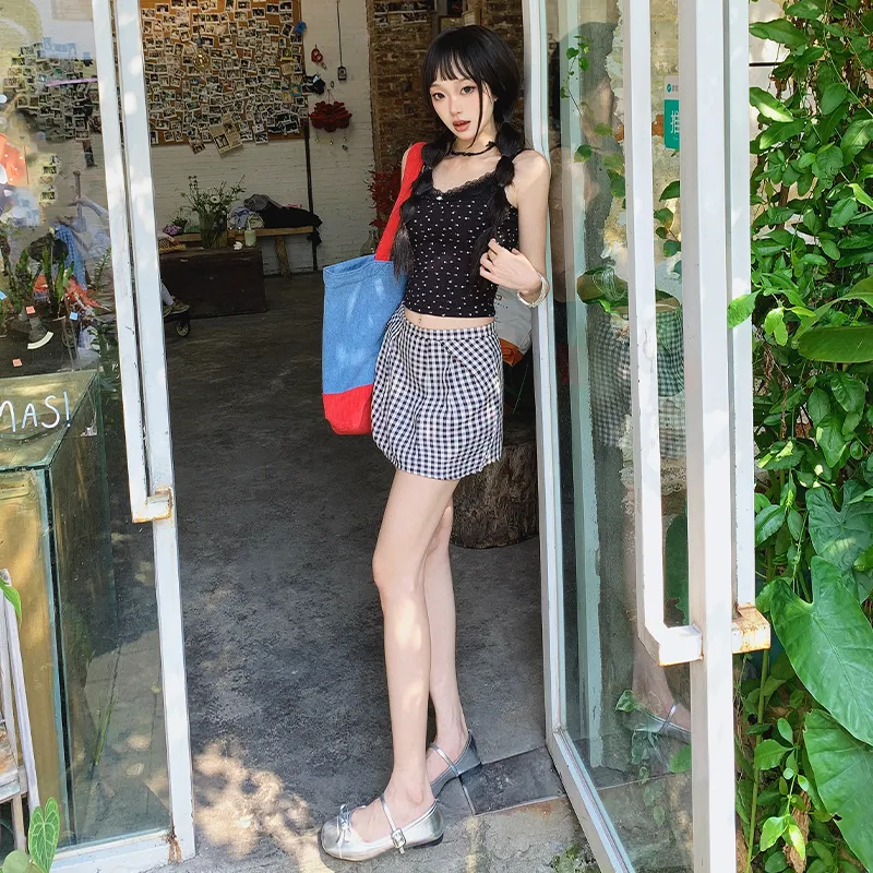 Jenna Chun Casual Short Skirts Women's Black White Plaid-4