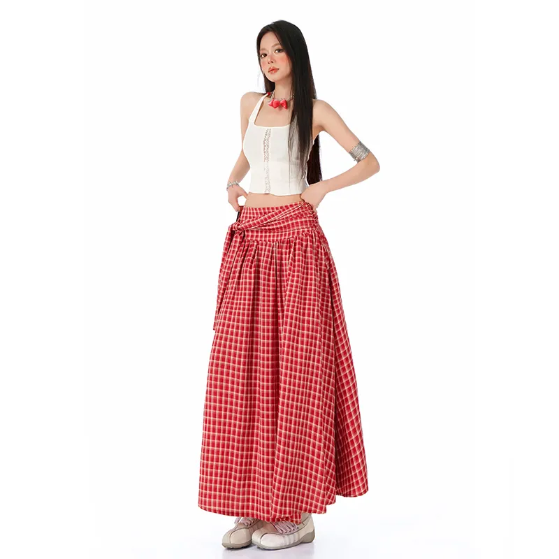 Jenna Chun Casual Long Skirt Women's Red Plaid-5