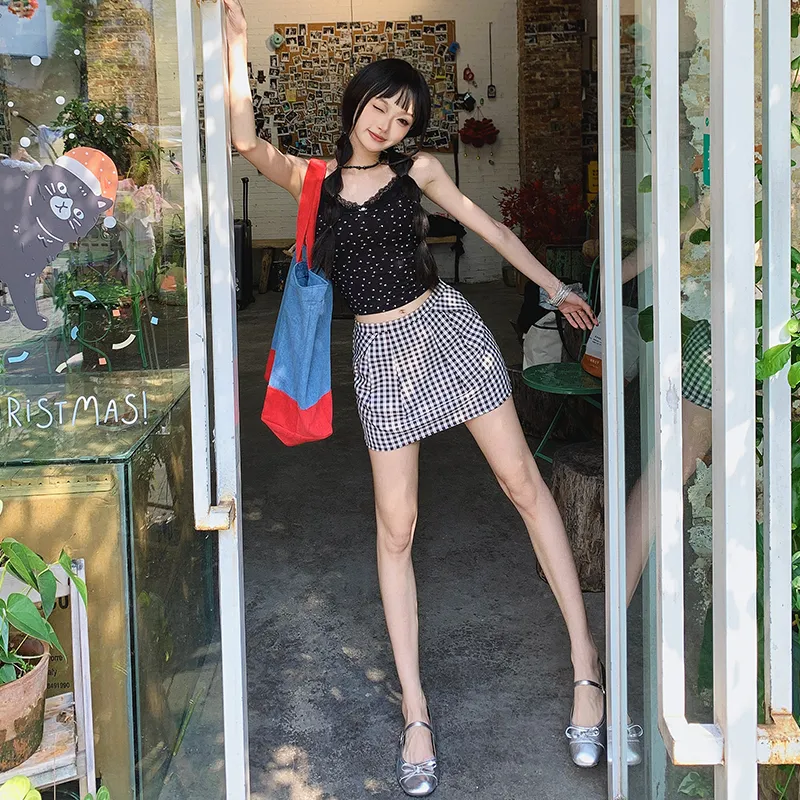 Jenna Chun Casual Short Skirts Women's Black White Plaid-5