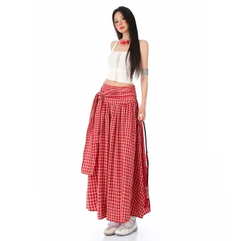 Jenna Chun Casual Long Skirt Women's Red Plaid