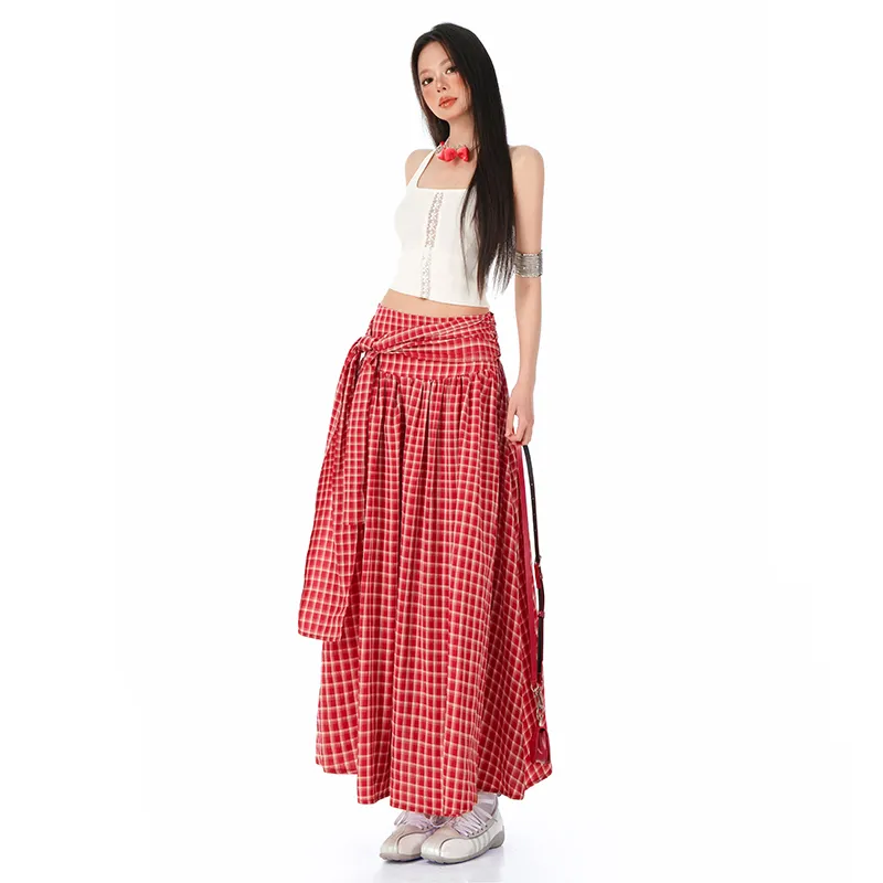 Jenna Chun Casual Long Skirt Women's Red Plaid-0