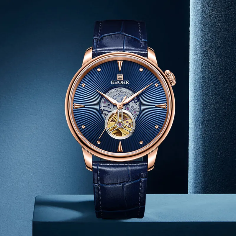 EBOHR EBOHR Master Collection Mechanical Movement Leather Watch Bands Watch Men's Watches Blue Dial 20233336-1