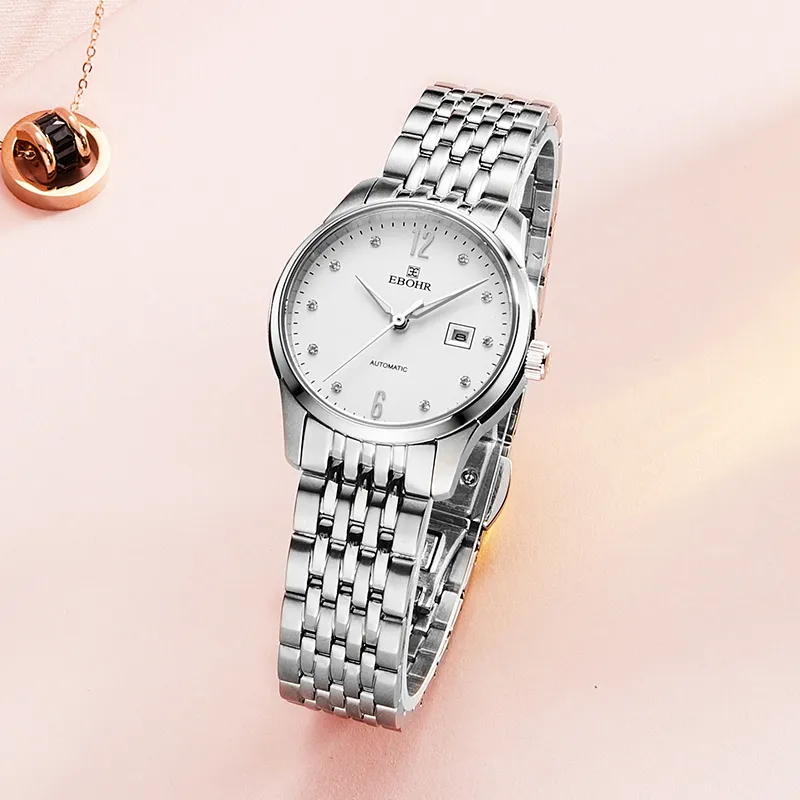 EBOHR Mechanical Movement Stainless Steel Strap Watch Women's Watch White Dial-1