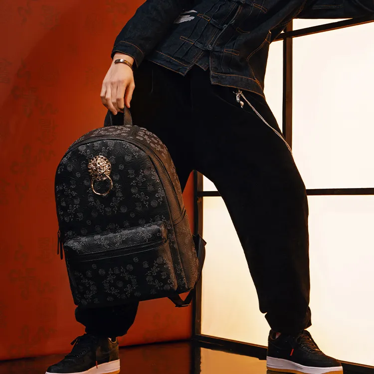 CHUSAN Nylon Fabric With PVC Backpack Unisex Black-4