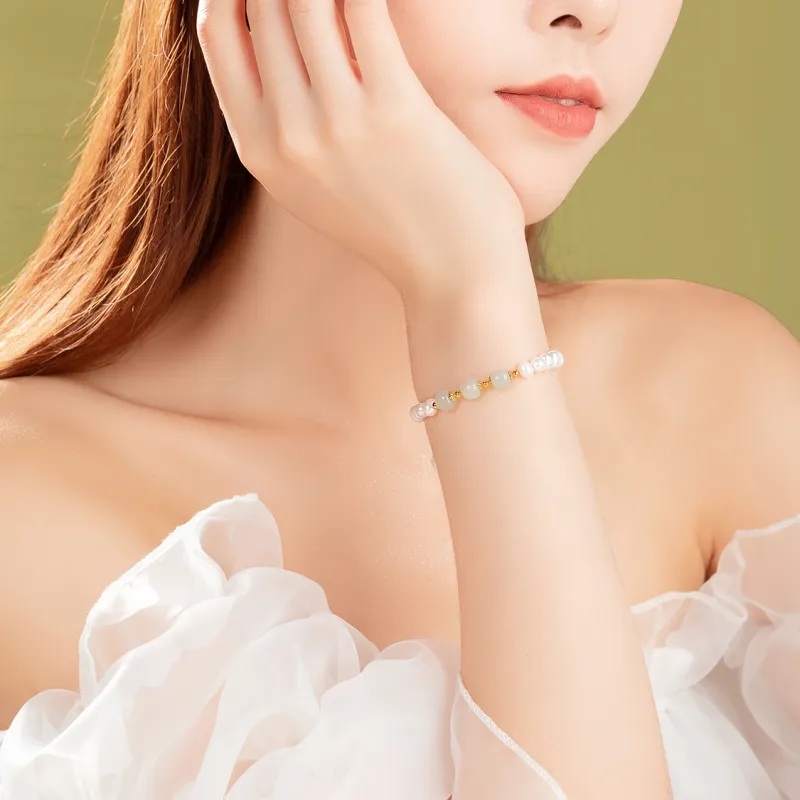 ICEKID S925 Silver Pearl Hetian Jade Bracelets Women's Green Jade-3