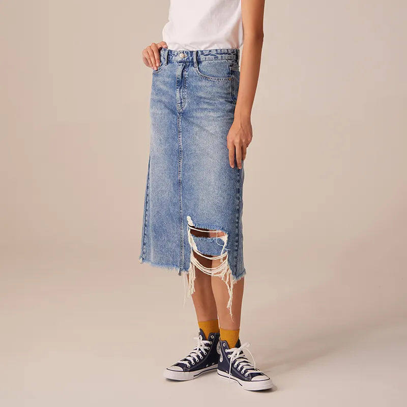 Prth Promethean Denim Long Skirts Women's Light Blue-3