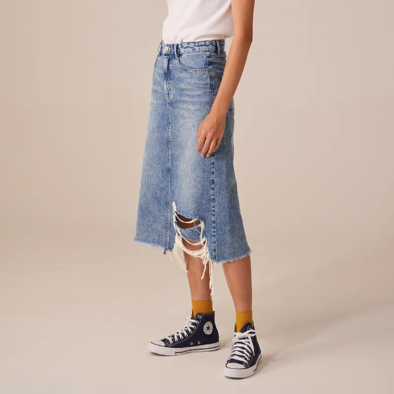 Prth Promethean Denim Long Skirts Women's Light Blue-2