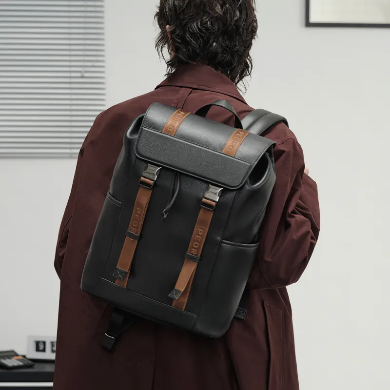 PEDRO Artificial Leather Backpack Large Size Men's Black/Camel/Army Green-3