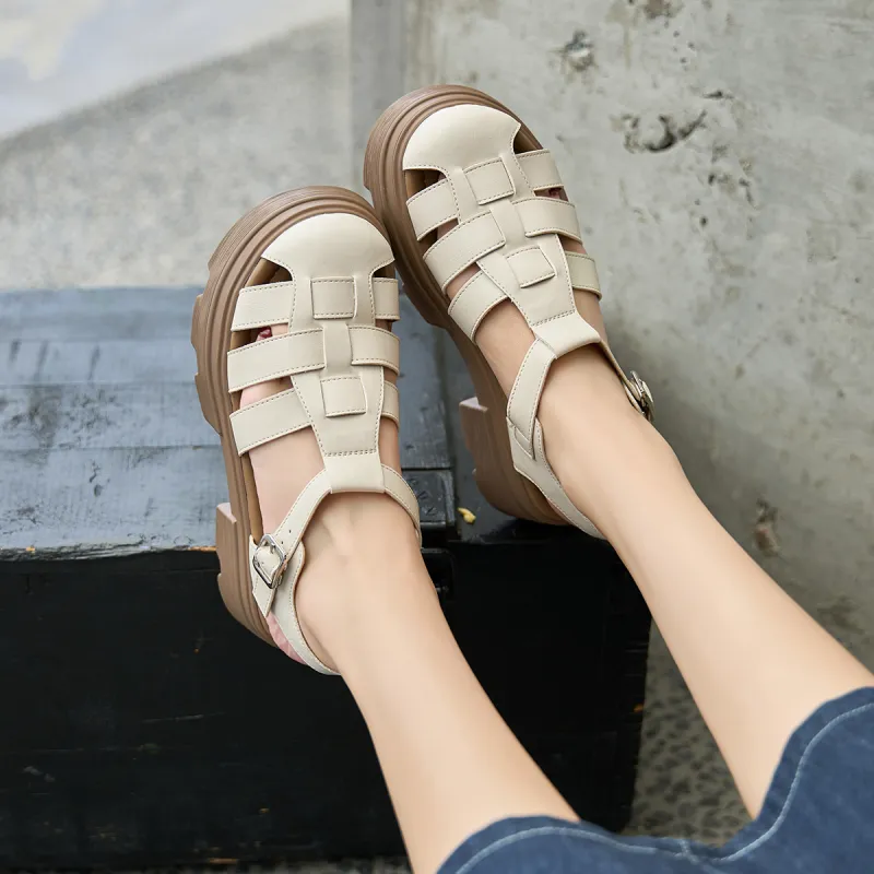 HLA Roman Sandals Women's 2024 New Arrival Closed Toe Cut Out Woven Platform Height Increasing Piggy Shoe-13