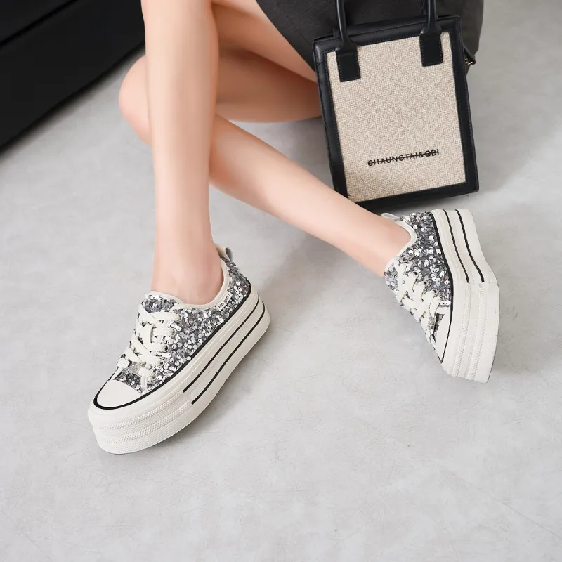 HLA Platform Casual Shoes For Women's-New Arrival Sequins Versatile Height Increasing Lightweight Canvas Shoes-15