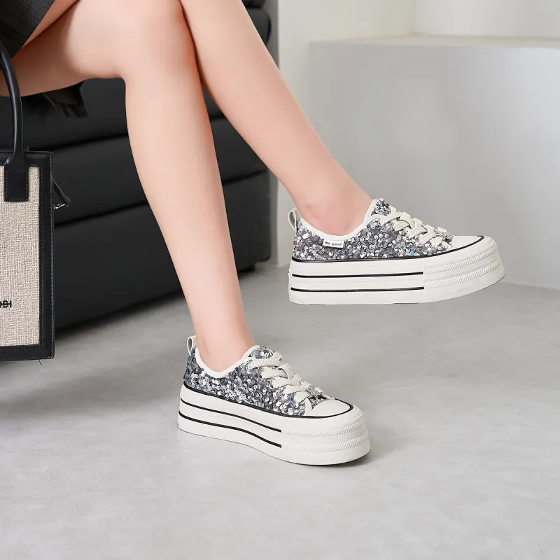 HLA Platform Casual Shoes For Women's-New Arrival Sequins Versatile Height Increasing Lightweight Canvas Shoes-14