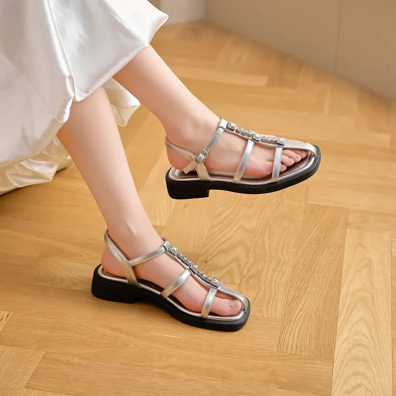 HLA One Strap Sandals With Square Toe Cut Out Suitable For Skirts Flat Slippers For A Niche Look-11