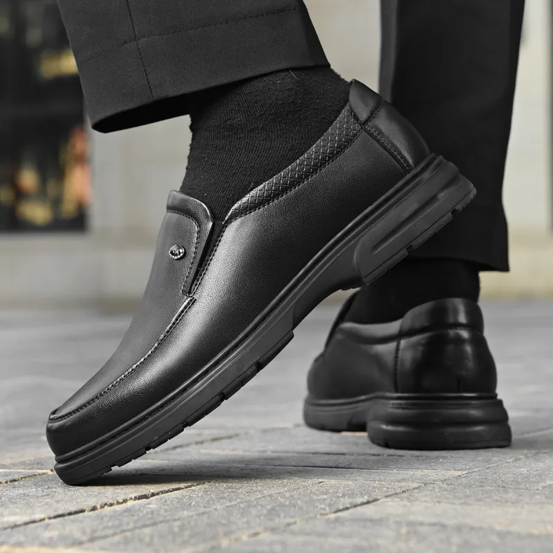 HLA Casual Dad Shoes Comfortable Slip on Leather Shoes Breathable Perforated Men's Black-6