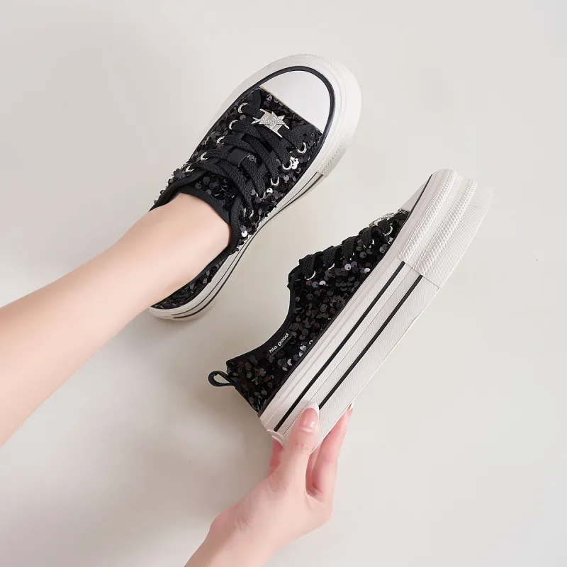 HLA Platform Casual Shoes For Women's-New Arrival Sequins Versatile Height Increasing Lightweight Canvas Shoes-6