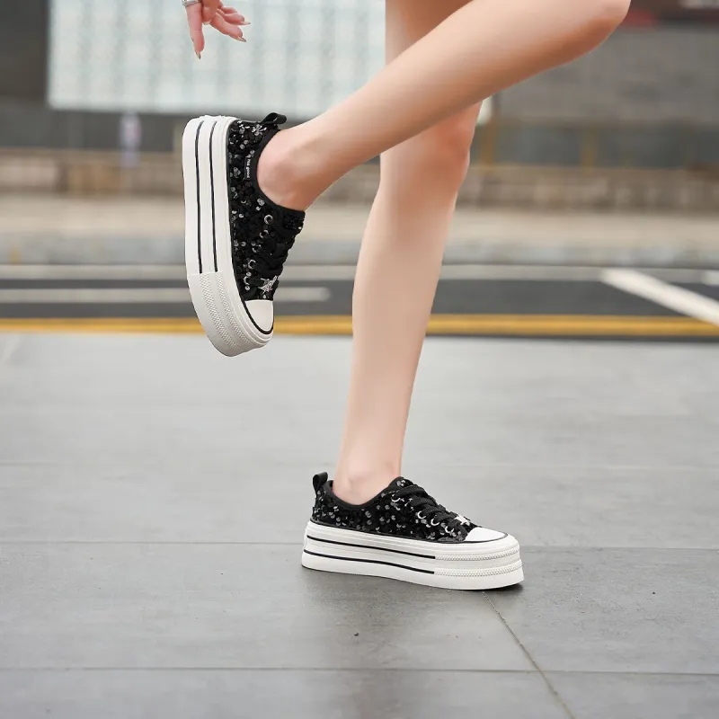 HLA Platform Casual Shoes For Women's-New Arrival Sequins Versatile Height Increasing Lightweight Canvas Shoes-7