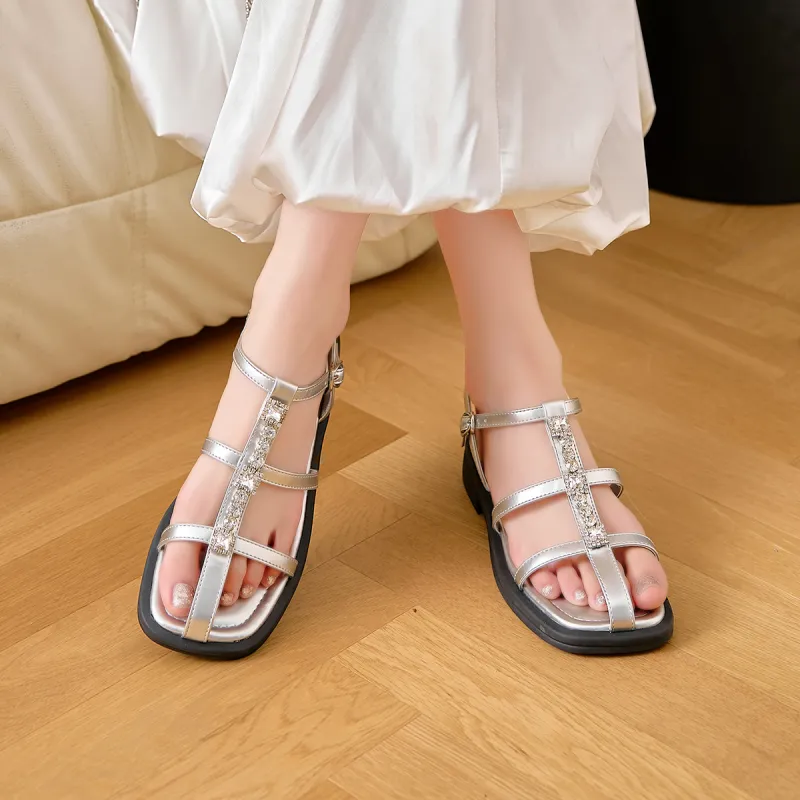HLA One Strap Sandals With Square Toe Cut Out Suitable For Skirts Flat Slippers For A Niche Look-9