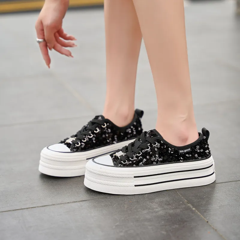 HLA Platform Casual Shoes For Women's-New Arrival Sequins Versatile Height Increasing Lightweight Canvas Shoes-5