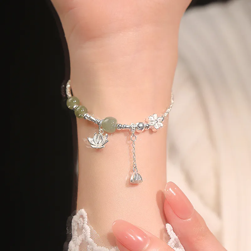 Heart Grass S925 Silver Bracelets Women's Green Jade-1