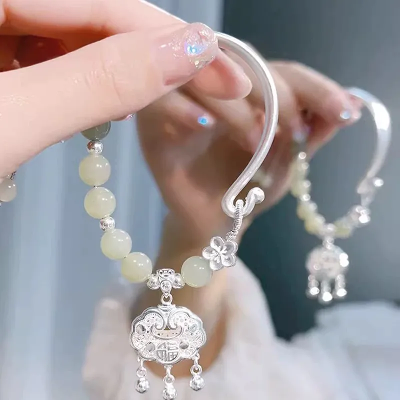 Heart Grass Hetian Jade Bracelets Women's Pale Greenish-White Jade-2