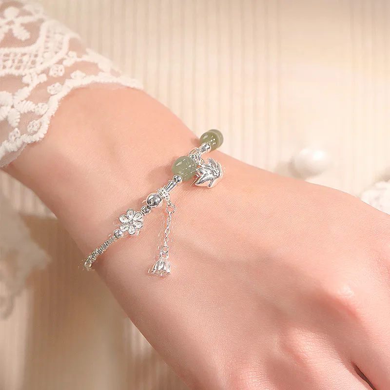 Heart Grass S925 Silver Bracelets Women's Green Jade-4