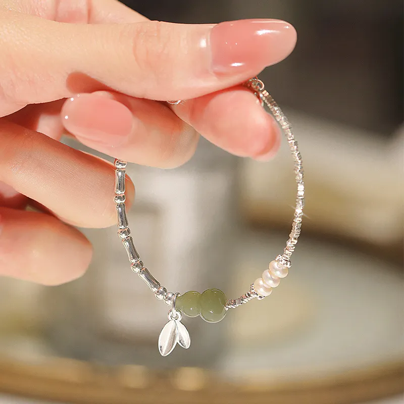 Heart Grass S925 Silver Hetian Jade Bracelets Women's Green Jade-3