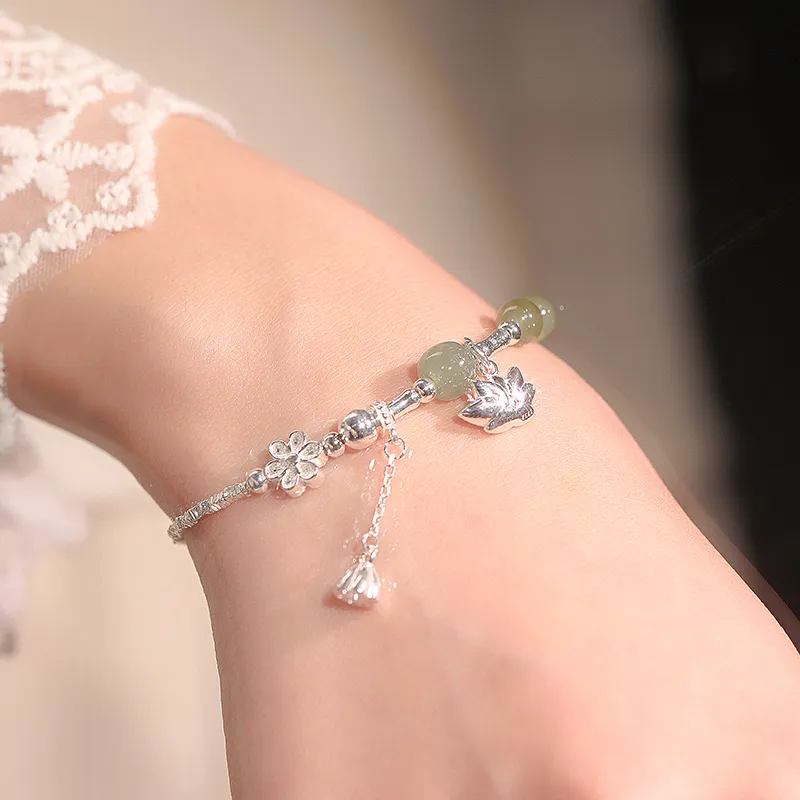 Heart Grass S925 Silver Bracelets Women's Green Jade-3