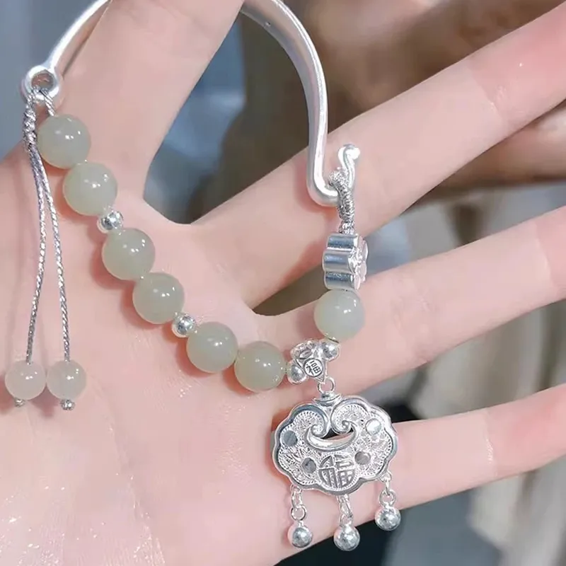 Heart Grass Hetian Jade Bracelets Women's Pale Greenish-White Jade-4