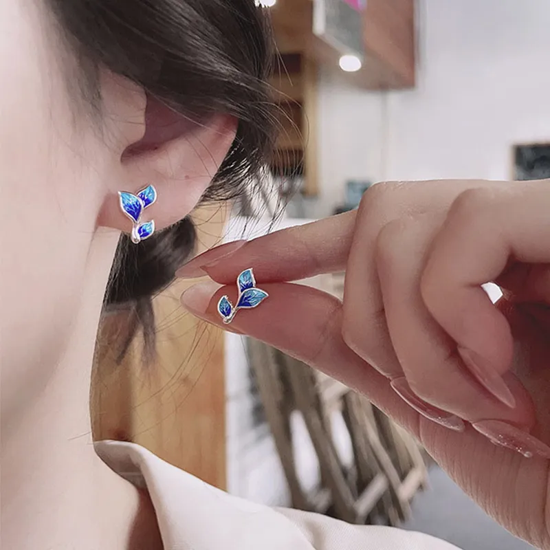 Heart Grass S925 Silver Stud Earrings Women's-3