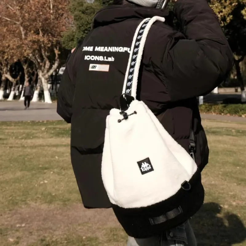 Kappa Polyester Drawstring Bucket Bag Lambswool Texture Shoulder Bag Sling Bag Tubas Unisex Korean White-4