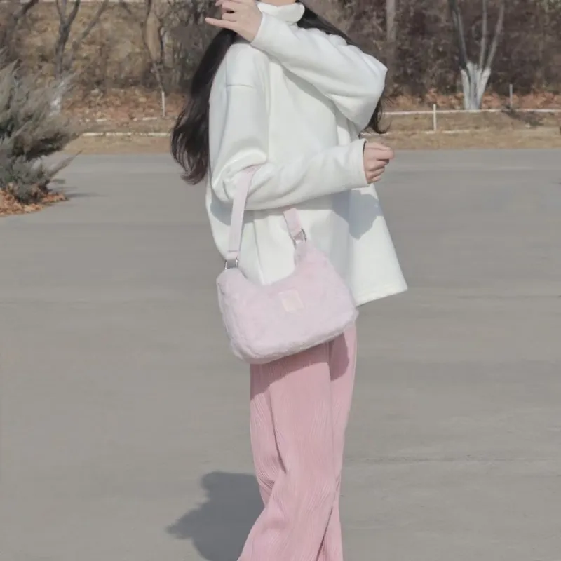 Kappa Rabbit Fur Texture Shoulder Bag, Pochette, Hobo Bag, Handbag Small Size Women's Fluffy Rabbit Pink-3