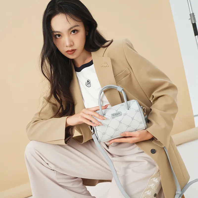 Kappa Matte Leather One Shoulder Crossbody Cylinder Bag, Boston Bag, Fashion Handbag Regular Women's Sea Salt Mint Gray-3