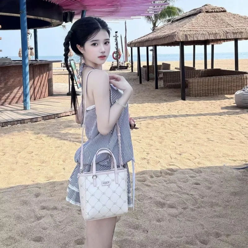 Kappa Matte Leather Litchi Grain Basket Bag, Small Tote, One Shoulder, Crossbody, Commuter Bag Women's Milk Foam Pink-7