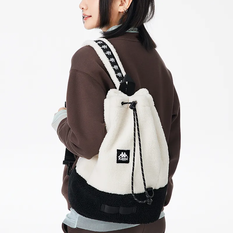 Kappa Polyester Drawstring Bucket Bag Lambswool Texture Shoulder Bag Sling Bag Tubas Unisex Korean White-3